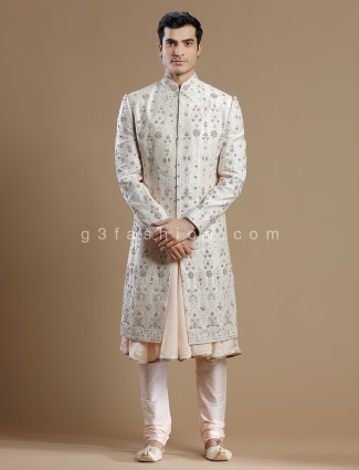 Peach and cream raw silk groom sherwani