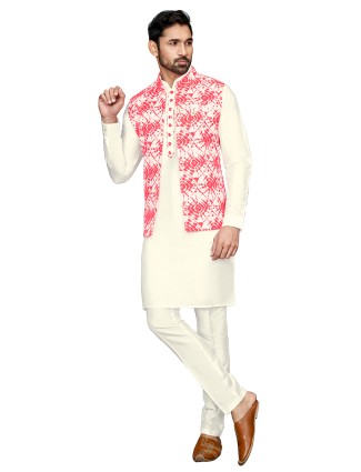 Cream and Pink Printed Silk Waistcoat Set