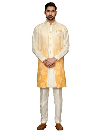 Cream and yellow silk wedding indowestern
