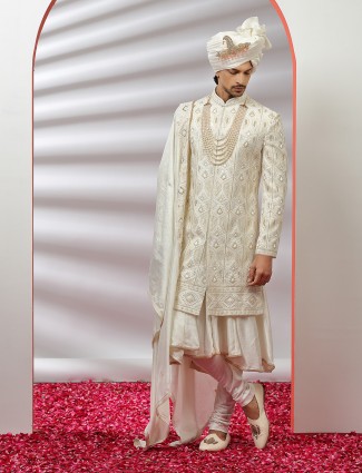 Cream Raw Silk Sherwani for Grooms
