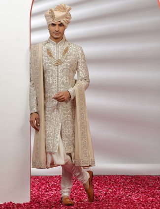 Cream raw silk grooms sherwani