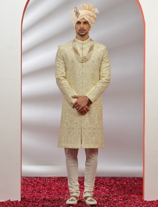 Cream Sherwani for Grooms in Raw Silk