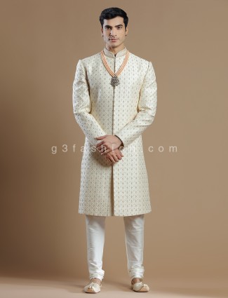 Cream Classic Raw Silk Sherwani for Grooms