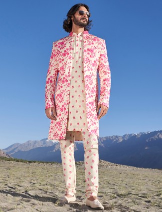 Cream Raw Silk Printed Indowestern for Wedding