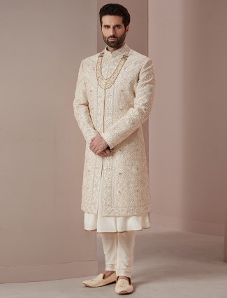 Groom and wedding cream raw silk sherwani