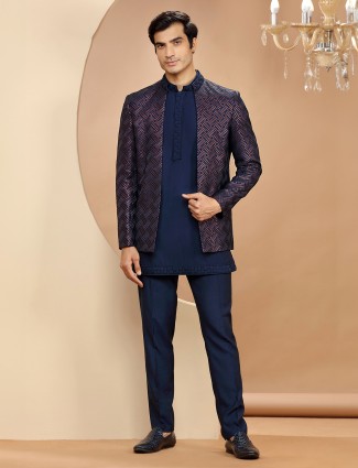 Silk dark blue indowestern for reception