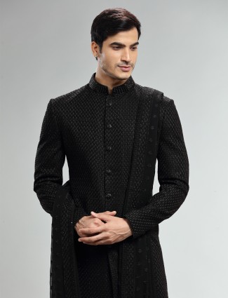 Black latest silk indowestern