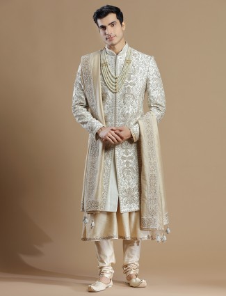 Cream raw silk designer groom wear sherwani