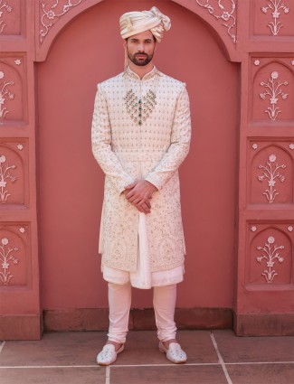 Elegant silk cream groom sherwani