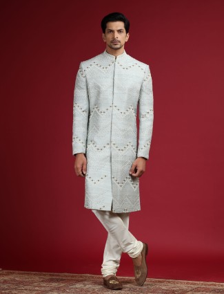 Stunning sky blue raw silk sherwani