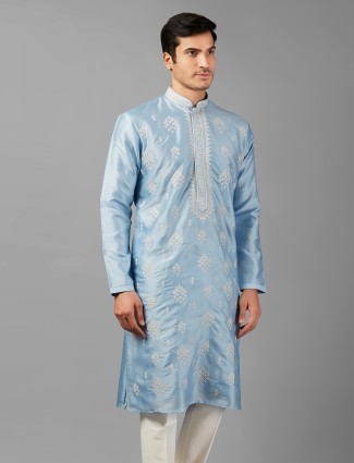 Latest sky blue silk kurta suit