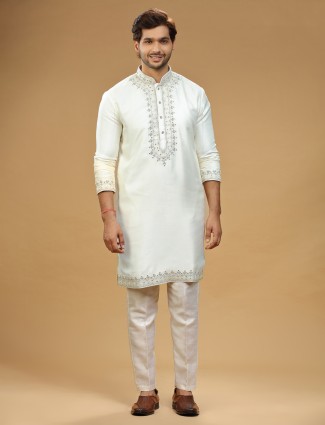 Silk off white embroidery kurta suit