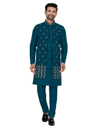 Rama blue silk indowestern for wedding look