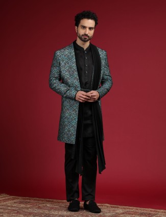 Silk green and black indowestern