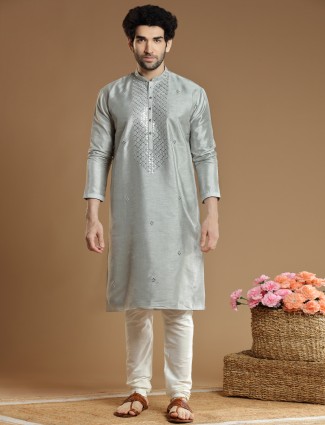 Silk kurta suit in grey hue for festive