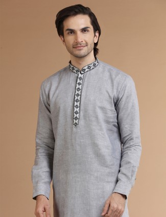 Grey plain linen kurta suit