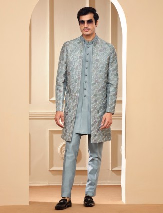 Grey embroidery raw silk indowestern