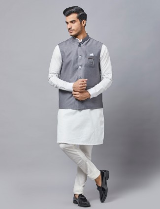 Solid Grey Cotton Festive Wear Waistcoat Set