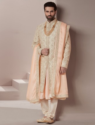 Peach amazing raw silk sherwani for groom