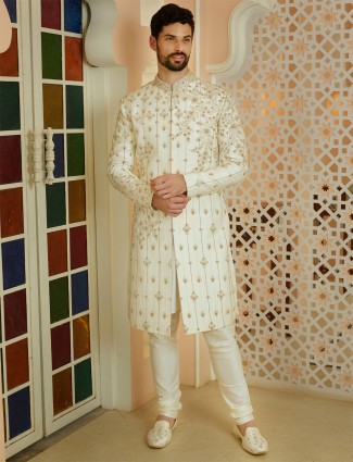 Groom wear off white silk sherwani