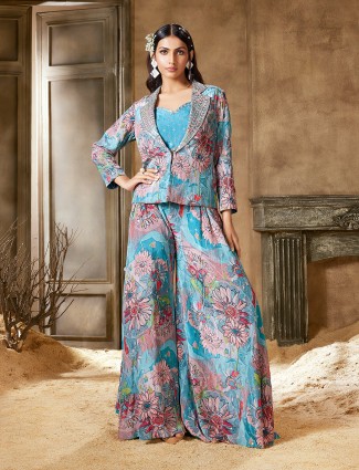 Silk jacket style printed sky blue palazzo suit
