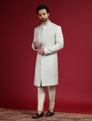 Trendy light grey raw silk sherwani