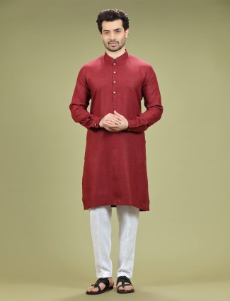 Maroon Linen Plain Kurta Suit