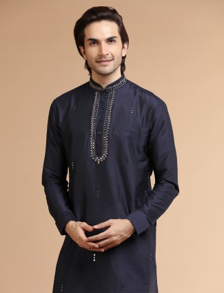 Stylish navy silk kurta suit for festive