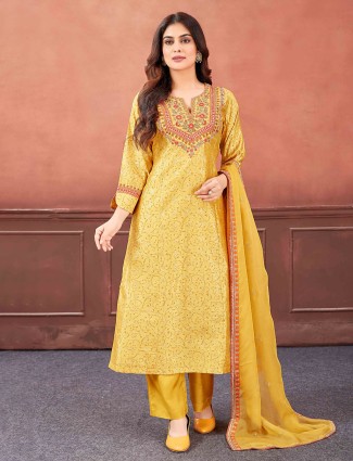 Stunning yellow printed salwar suit in silk