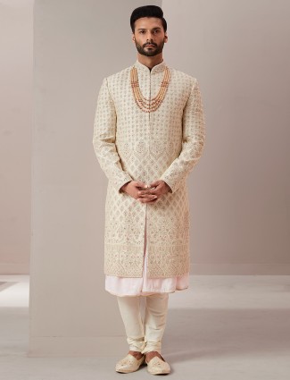 Peach raw silk wedding sherwani for groom