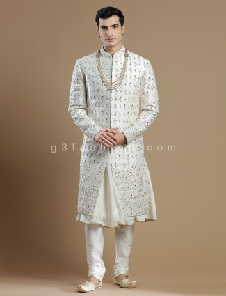 Cream Elegant Raw Silk Groom Sherwani