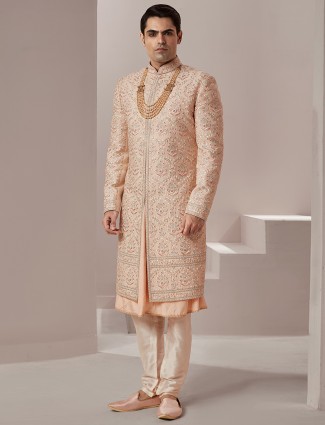 Peach raw silk lavish groom wear sherwani