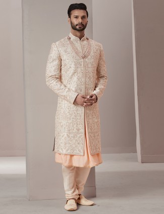Raw silk light peach groom and wedding sherwani