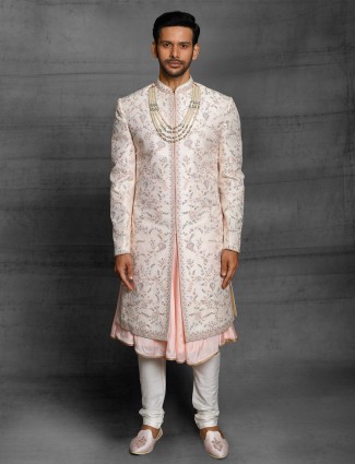 Wedding wear light pink silk sherwani for men