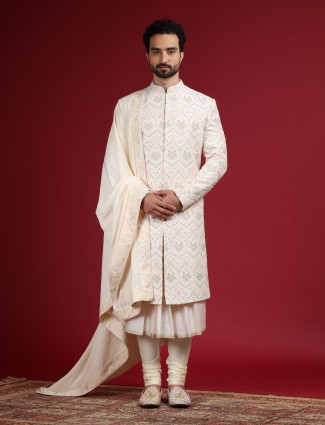 Raw silk embroidery sherwani in light pink