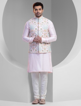 Light Pink Silk Waistcoat Set with Embroidery