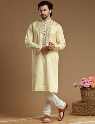 Cotton silk kurta suit in light yellow