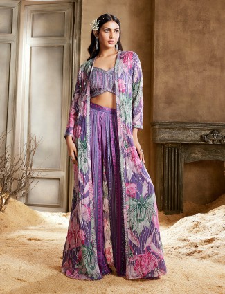 Lilac purple printed georgette palazzo suit