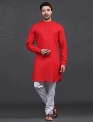 Red linen full sleeve kurta suit