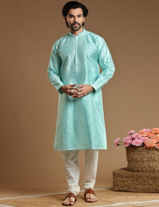 Cotton silk kurta suit in blue color