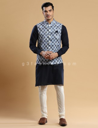 Navy and Cream Silk Festive Waistcoat Set for Men