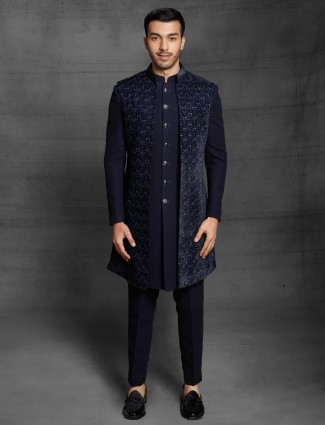 Wedding wear navy indowestern in terry rayon