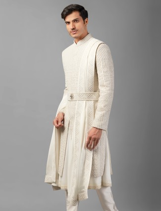 off-white silk peshwai style sherwani