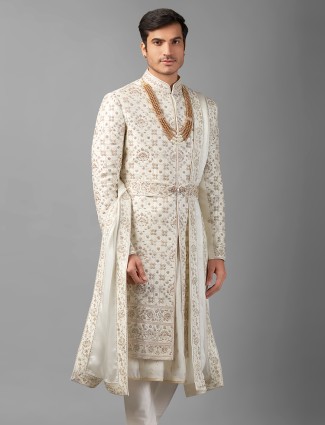 Stunning off white silk peshwai style sherwani