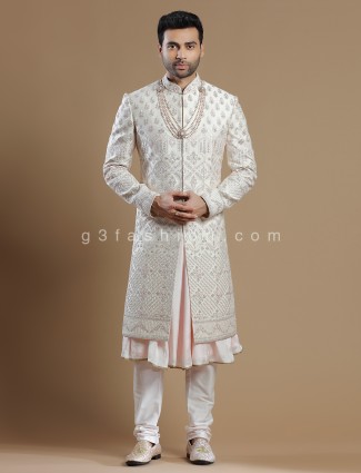 Off White Raw Silk Sherwani for Groom Wear