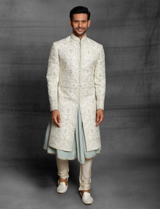 Men off white silk sherwani