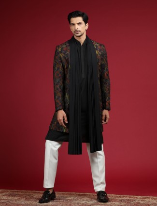 Olive and black silk printed indowestern
