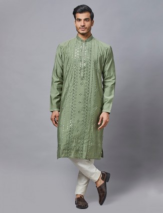 Festive olive green silk kurta set for men