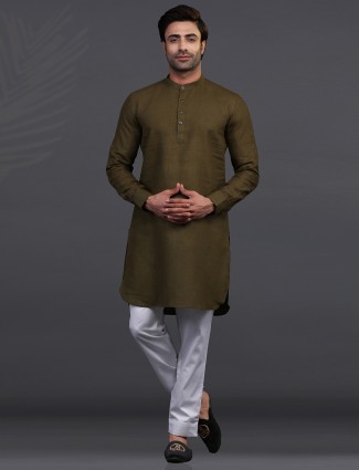 Olive linen festive wear kurta suit