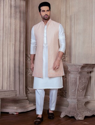 Peach and White Designer Waistcoat Set